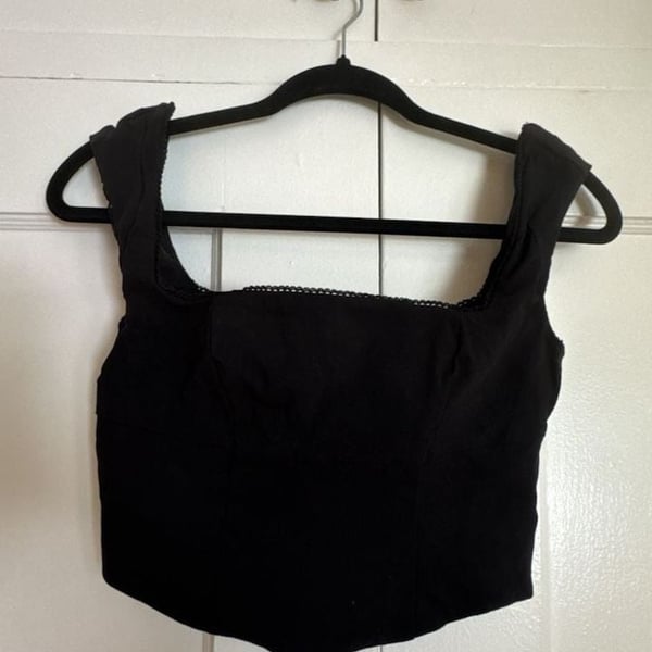 Corset Crop Top Size S Black Lace Trim Square Neck Tank Whimsigoth Vampire Goth Dark Romantic