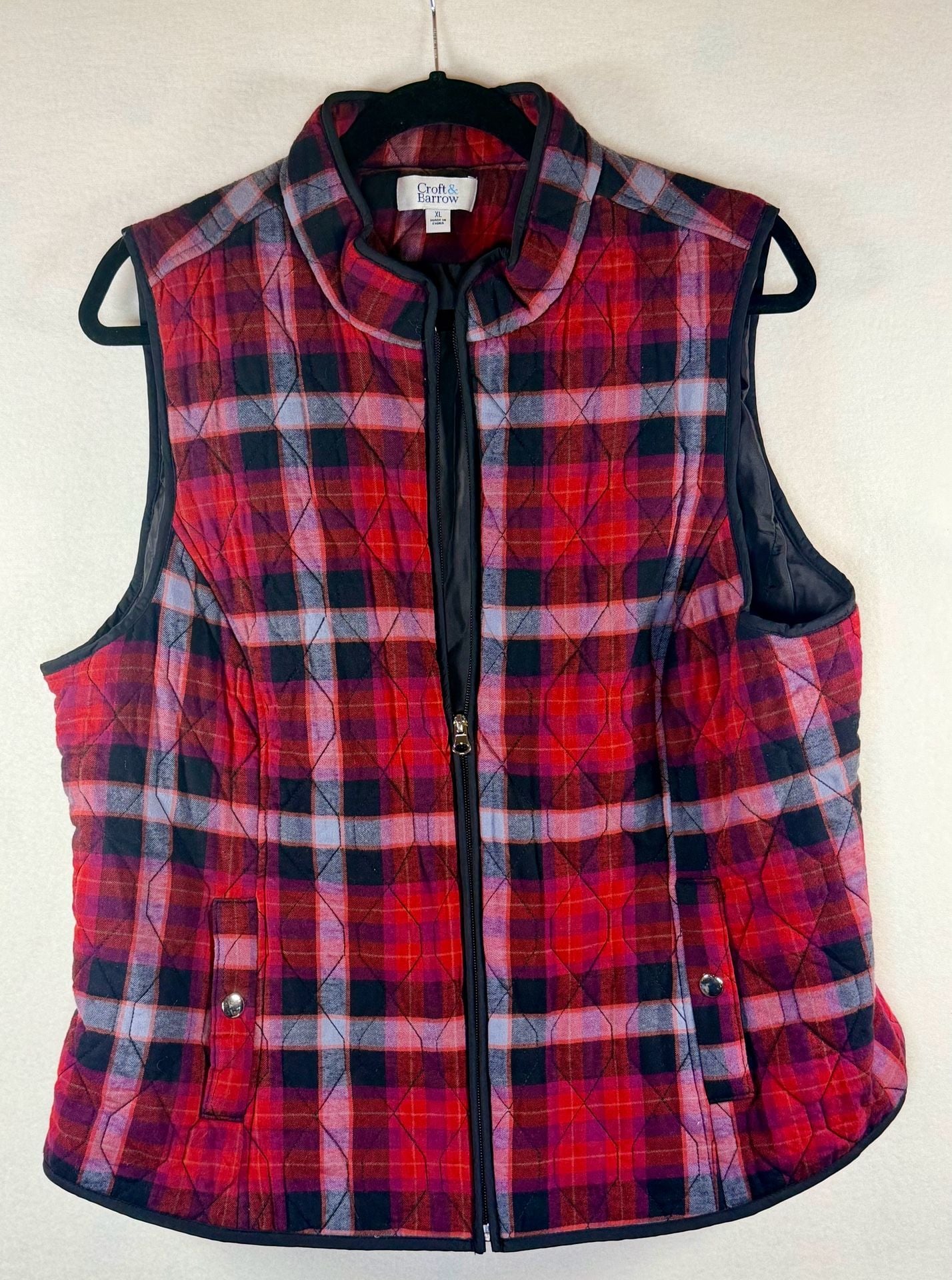 Croft & Barrow Quilted Vest Red Plaid Full Zip w/Pockets Women’s XL 2