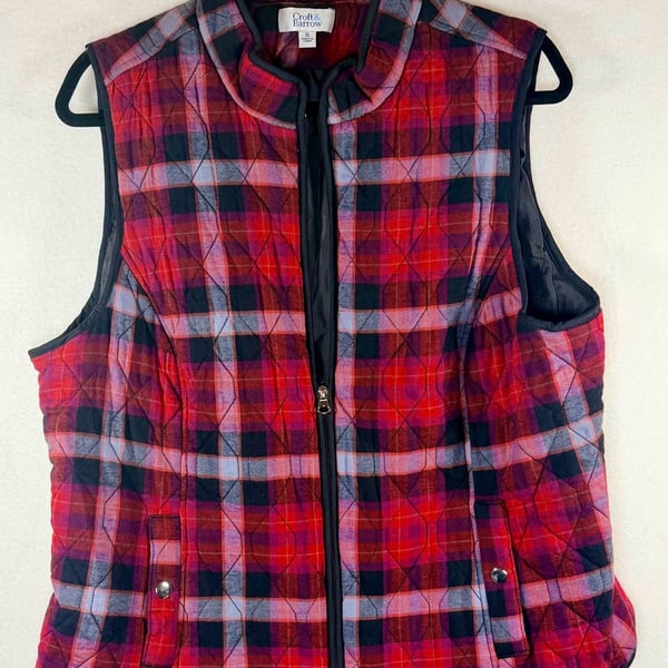 Croft & Barrow Quilted Vest Red Plaid Full Zip w/Pockets Women’s XL