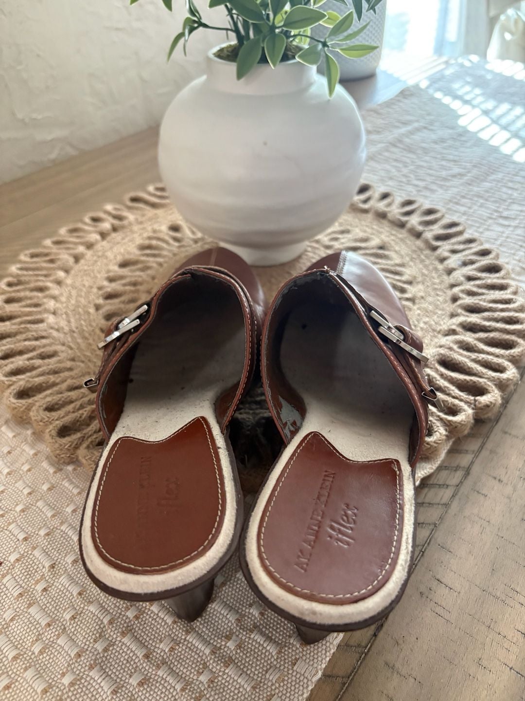 Anne Klein Brown Leather Buckle Wedge Mules Slides size 8 7