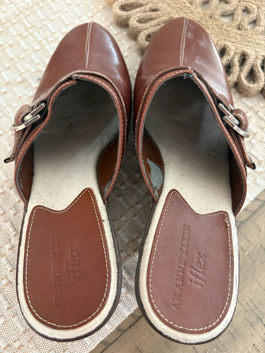 Anne Klein Brown Leather Buckle Wedge Mules Slides size 8 12