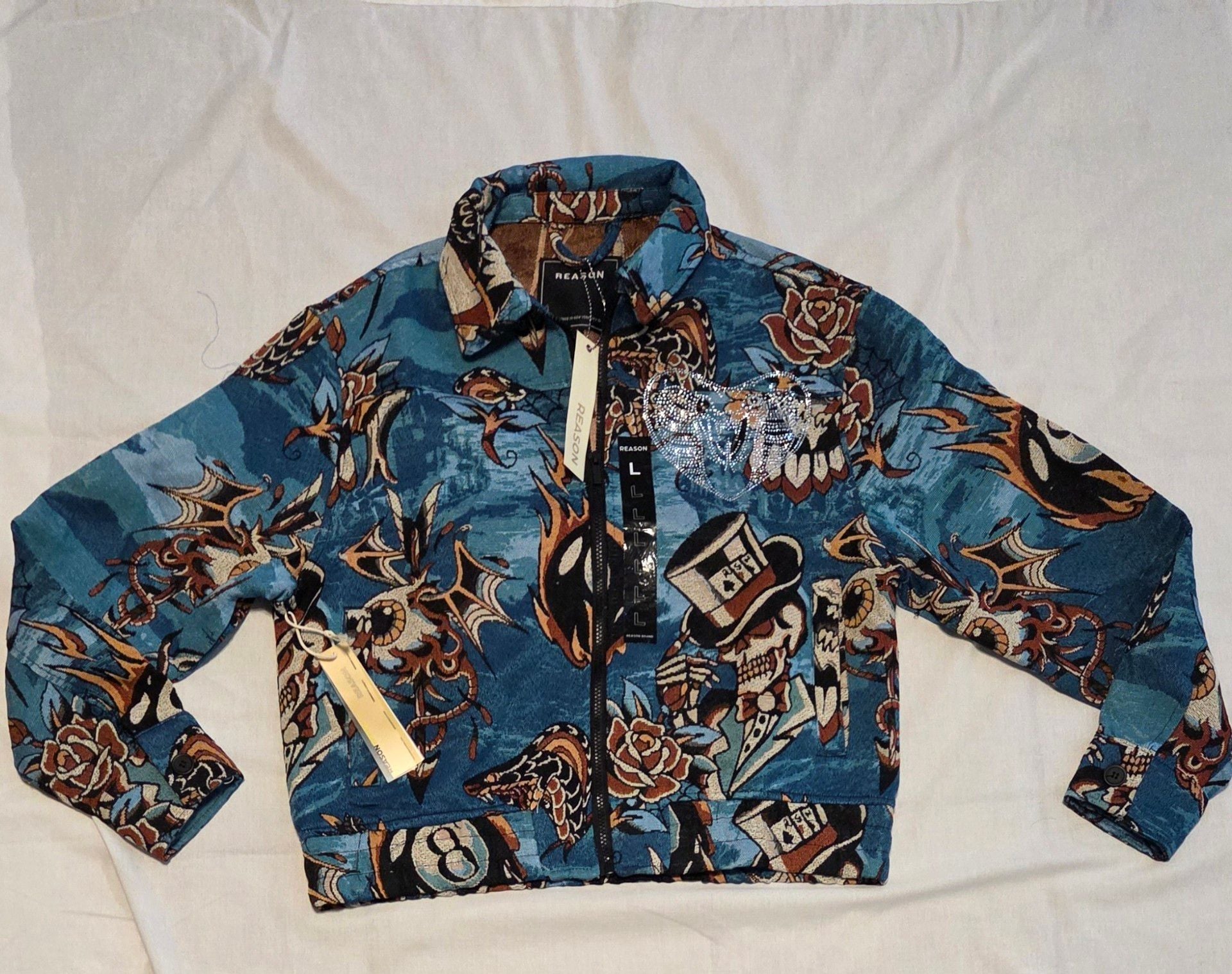 Reason Brand Tattoo Skull and 8-Ball Tapestry Zip Jacket 2