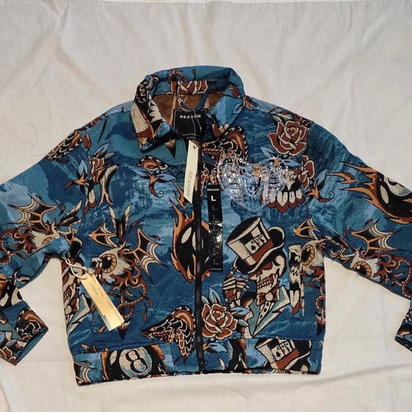 Reason Brand Tattoo Skull and 8-Ball Tapestry Zip Jacket