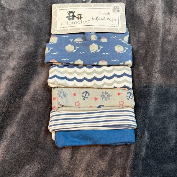 Kids Cribmates 5-Pack Infant Caps Nautical Whale Anchor Blue Cotton New # 87