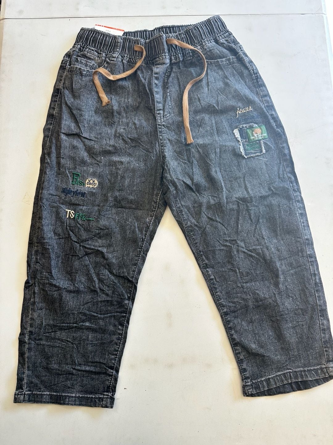 Unbranded Denim Jogger Pants Patches Drawstring Black 3