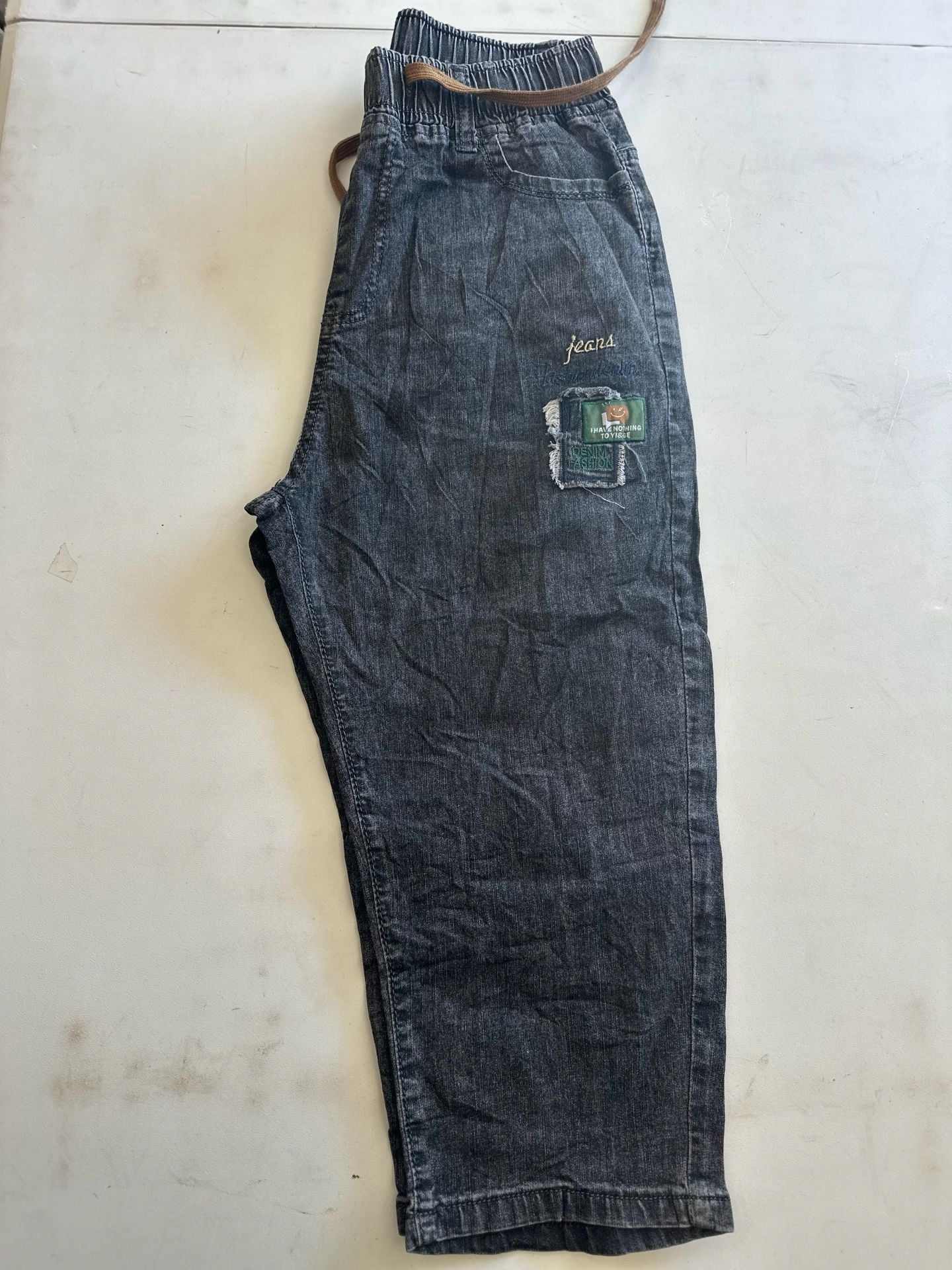 Unbranded Denim Jogger Pants Patches Drawstring Black 8
