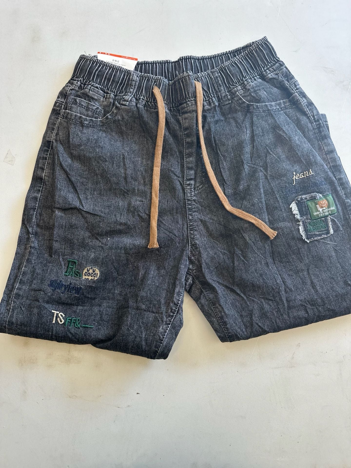 Unbranded Denim Jogger Pants Patches Drawstring Black 11