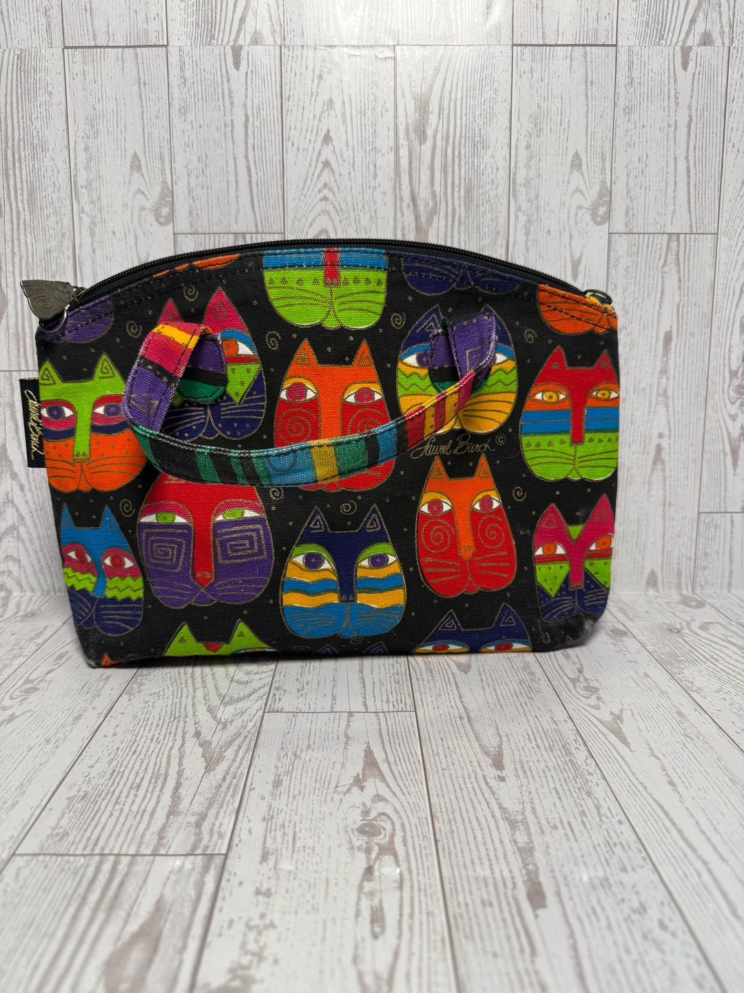 Laurel Burch Multicolored Cat Faces Canvas Handbag Zip Top 2