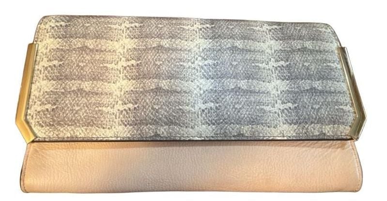 Vince Camuto Clutch Bag Beige Snakeskin Trim Gold Hardware 5
