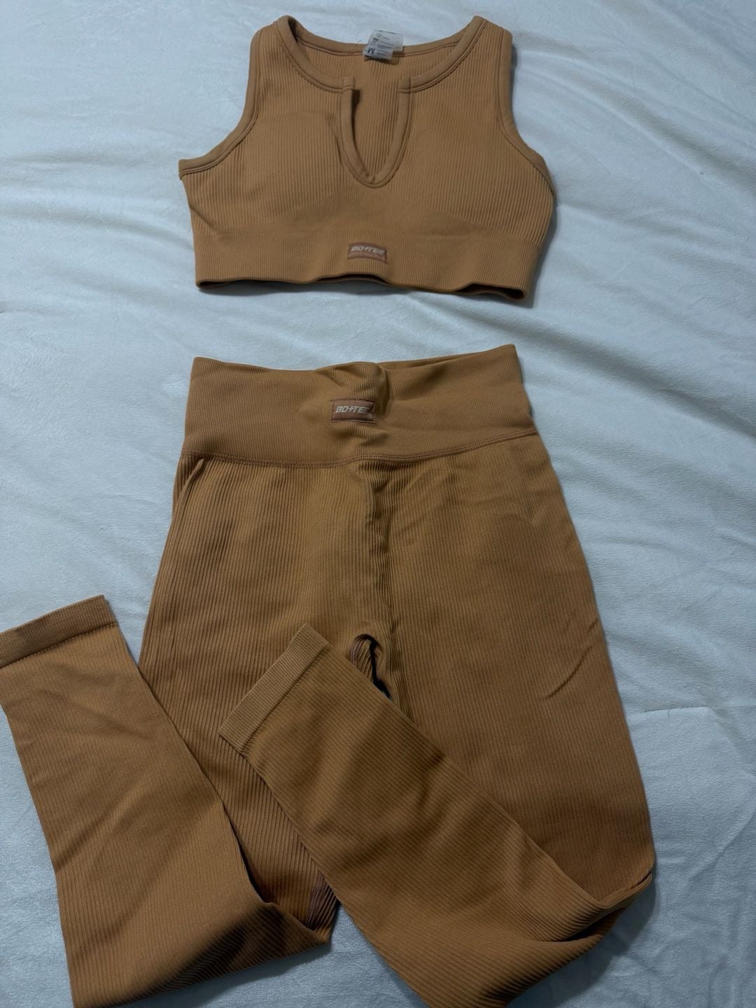 Bo+Tee Ribbed Workout Set Size M Brown Crop Top Leggings 1