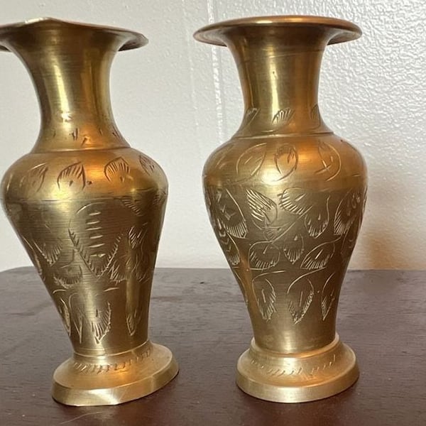 Vintage Brass Etched Vase Made in India Set of 2