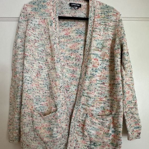 Lands' End Open Front Confetti Knit Cardigan Size S 6-8 Multicolor Sweater Lounge Librarian