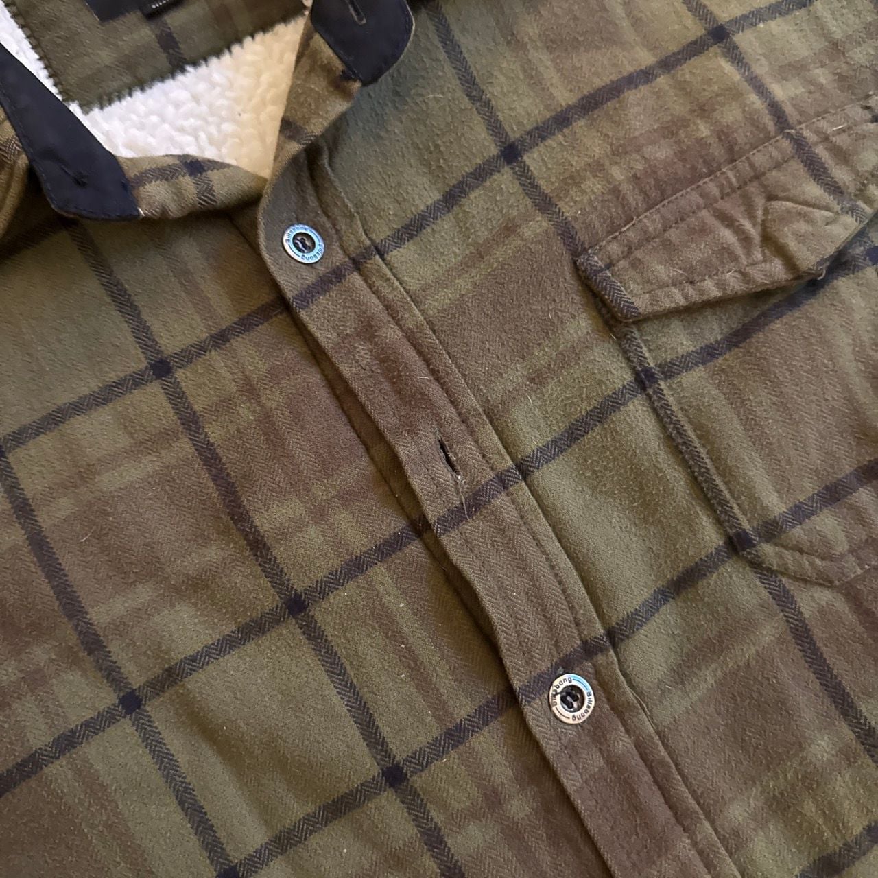 Vintage Y2K Billabong Sherpa Lined Flannel Shirt Size Small Green Plaid Jacket 9