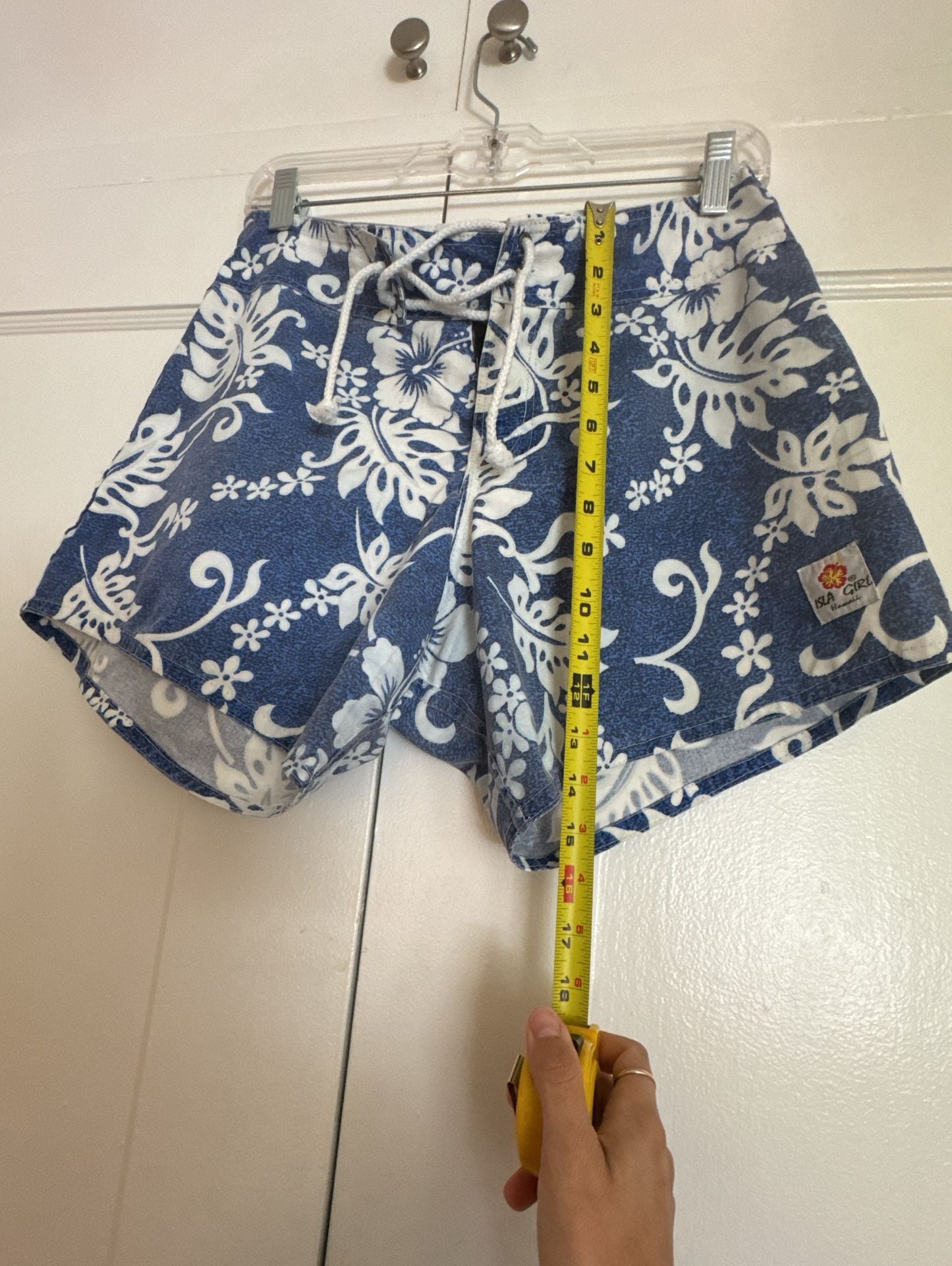 Isla Girl Board Shorts Blue White Hawaiian Hibiscus Floral Print Surf Swimwear Beach Vacation 5