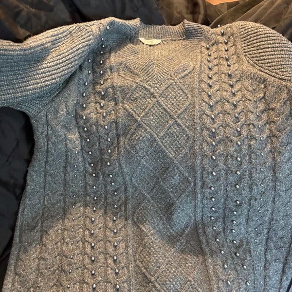 Terra & Sky Cable Knit Pearl Embellished Sweater Size 4X Gray
