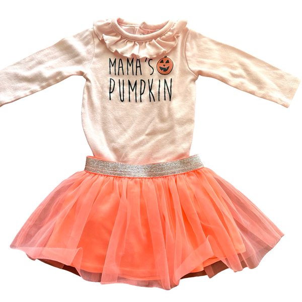 Chick Pea Mama's Pumpkin Outfit Size 6-9 M Pink Orange Halloween Skirt Set