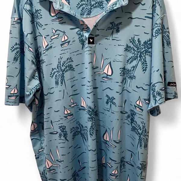 Bad Birdie The Castaway Polo Size L Blue Sailboat Palm Trees Golf Shirt