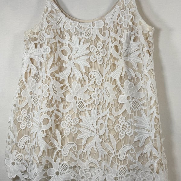CAbi Crochet Tank Top White Lace Overlay Spaghetti Strap White Floral Large