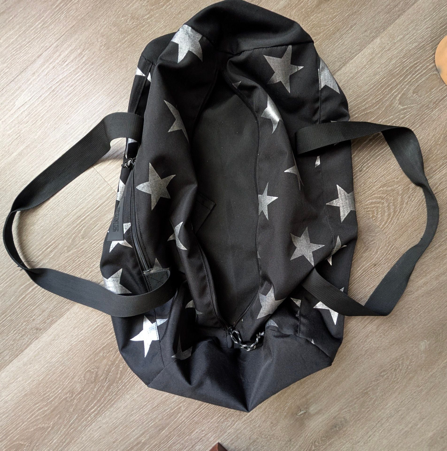 PINK Victoria's Secret Duffle Bag Black Silver Star Gym Overnight 5
