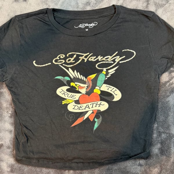 Women’s Ed Hardy True Til Death Crop Top Size M Black Graphic T-Shirt #90