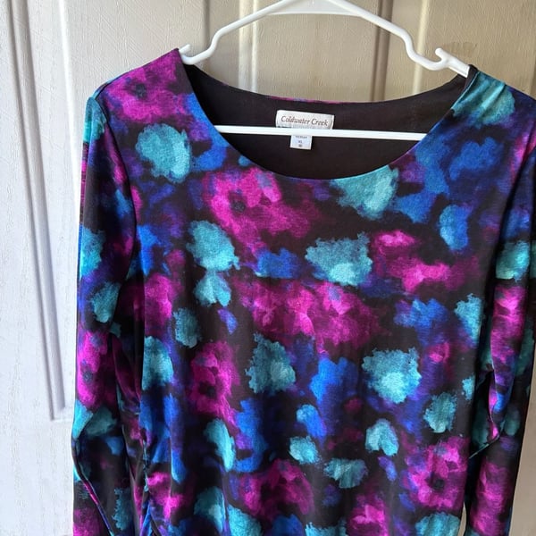 Coldwater Creek Spring Blouse Shirt Top Floral Ruched Casual Colorful Large 14