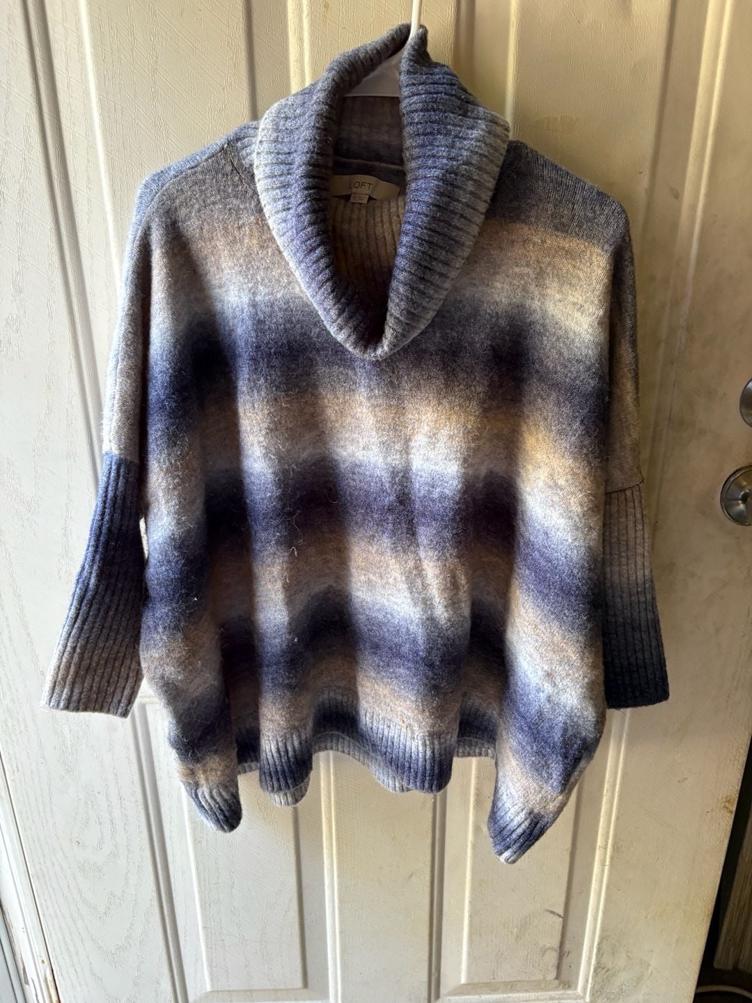 LOFT Ombre Cowl Neck Sweater Size S Blue Tan Pullover Knit Cozy Oversize 2
