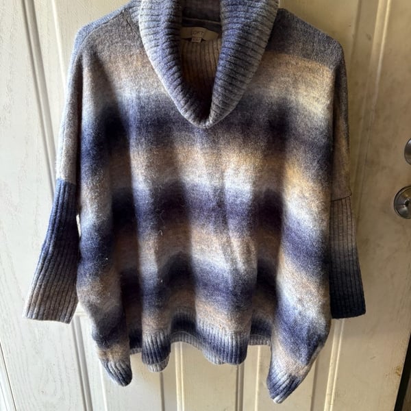 LOFT Ombre Cowl Neck Sweater Size S Blue Tan Pullover Knit Cozy Oversize
