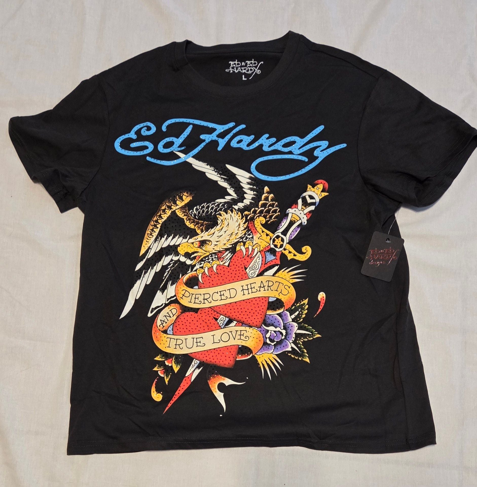 Ed Hardy Pierced Hearts & True Love Rhinestone Eagle Dagger Unisex Gray Size L 2