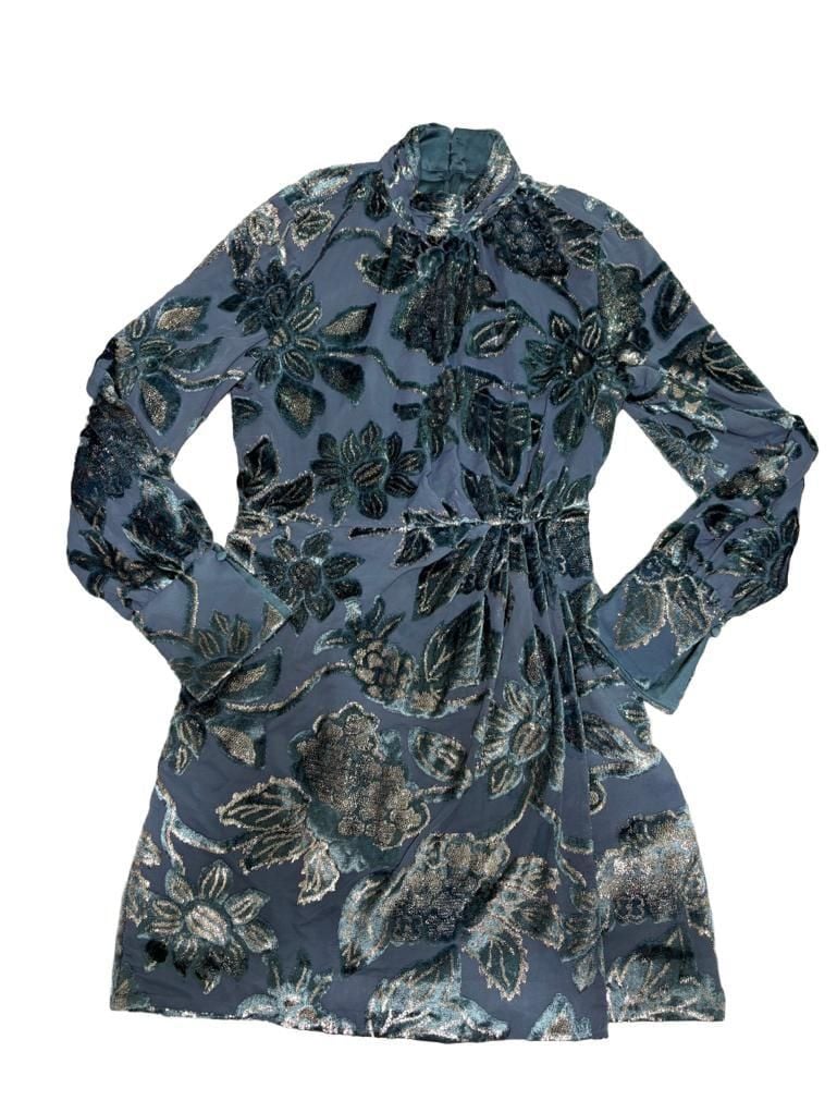 SIMKHAI Halen Mini Dress Size 2 Blue Celestial Velvet Floral Mock Neck 4