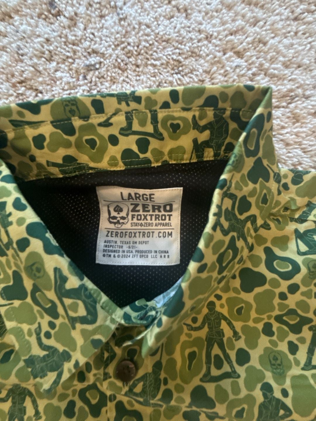 Zero Foxtrot Aloha Surf Shirt Size Large Green Camo Army Men Pattern 4