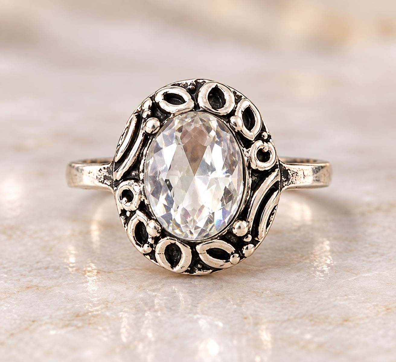 Vintage Style Filigree Oval Crystal Silver-Tone Ring 2