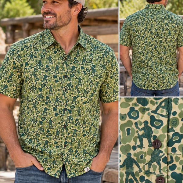 Zero Foxtrot Aloha Surf Shirt Size Large Green Camo Army Men Pattern