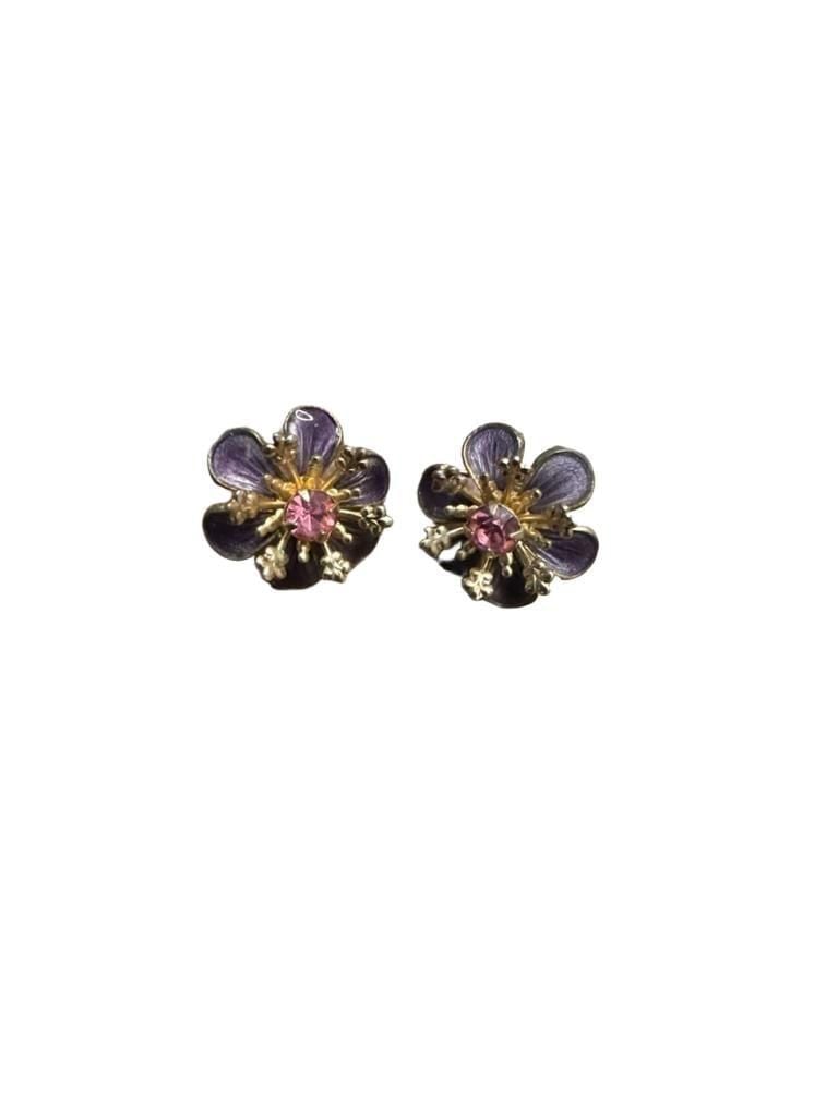 Vintage Purple Enamel And Pink Rhinestone Flower Earrings 2
