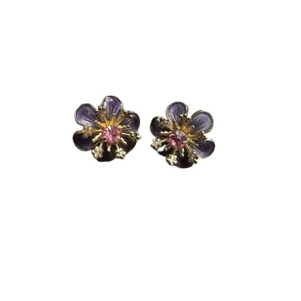 Vintage Purple Enamel And Pink Rhinestone Flower Earrings