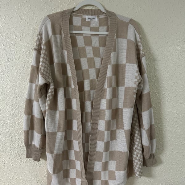 Anniewear Checkered Cardigan Open Front Knit Beige White