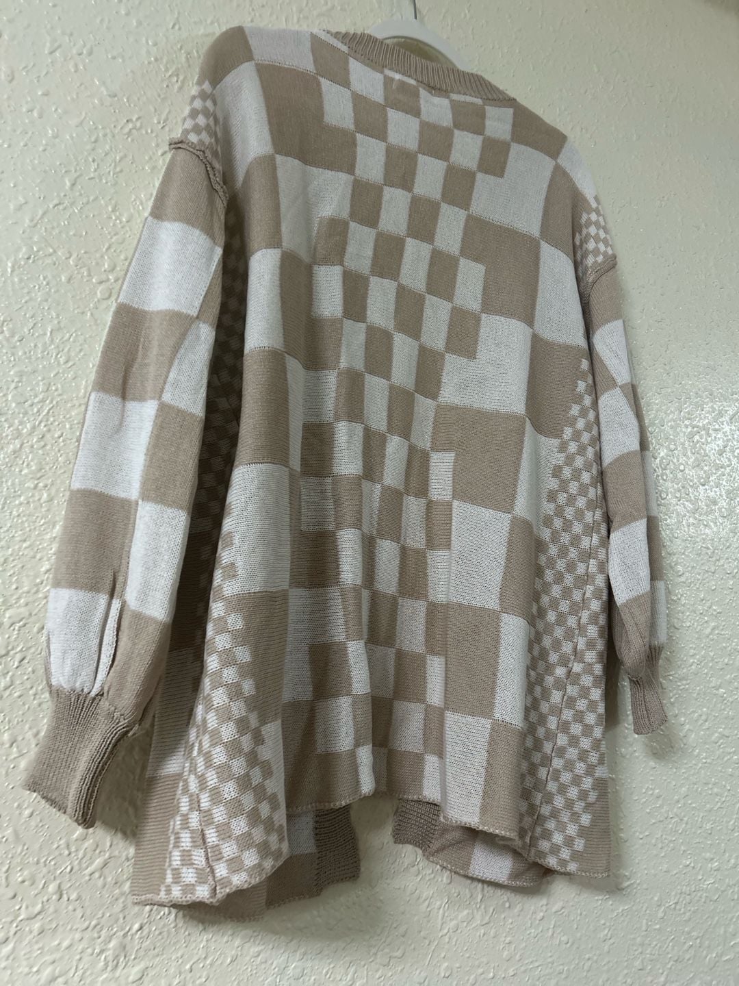 Anniewear Checkered Cardigan Open Front Knit Beige White 7