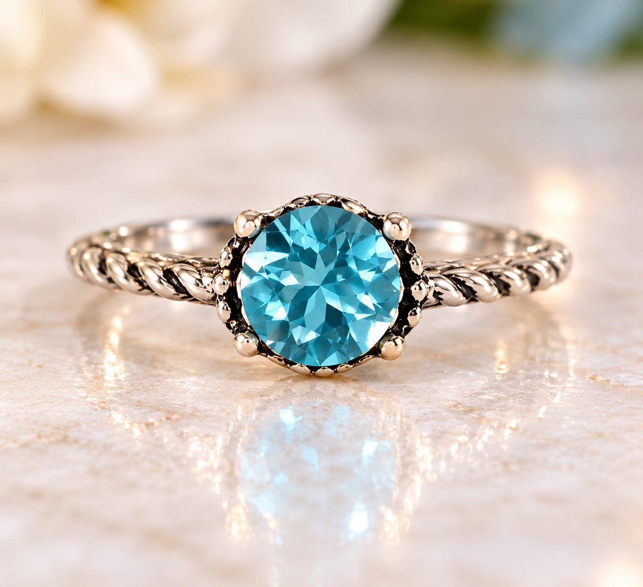 Silver -Tones Stackable Expressions Blue Topaz Round Ring Size 5 2