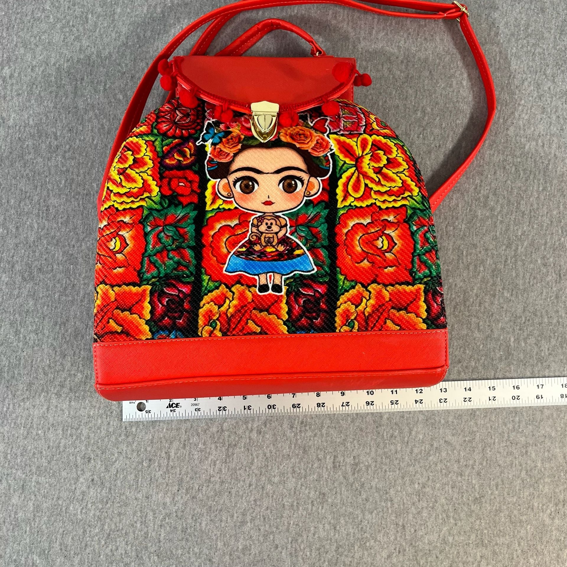 Handmade Frida Kahlo Backpack Red Floral Woven Mexican Bolsa 7