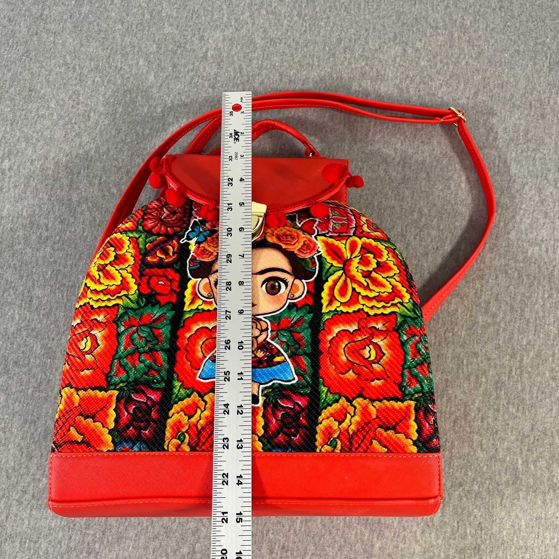 Handmade Frida Kahlo Backpack Red Floral Woven Mexican Bolsa 8