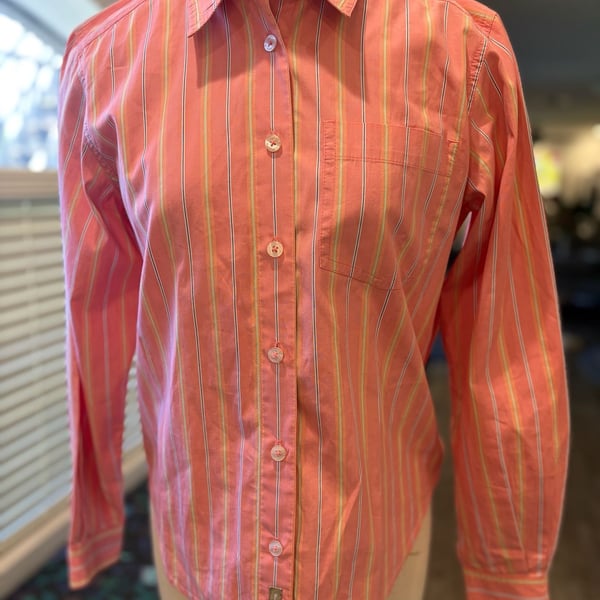 062-Liz Claiborne Long Sleeve Button Down Shirt Pink Striped Blouse small Petite