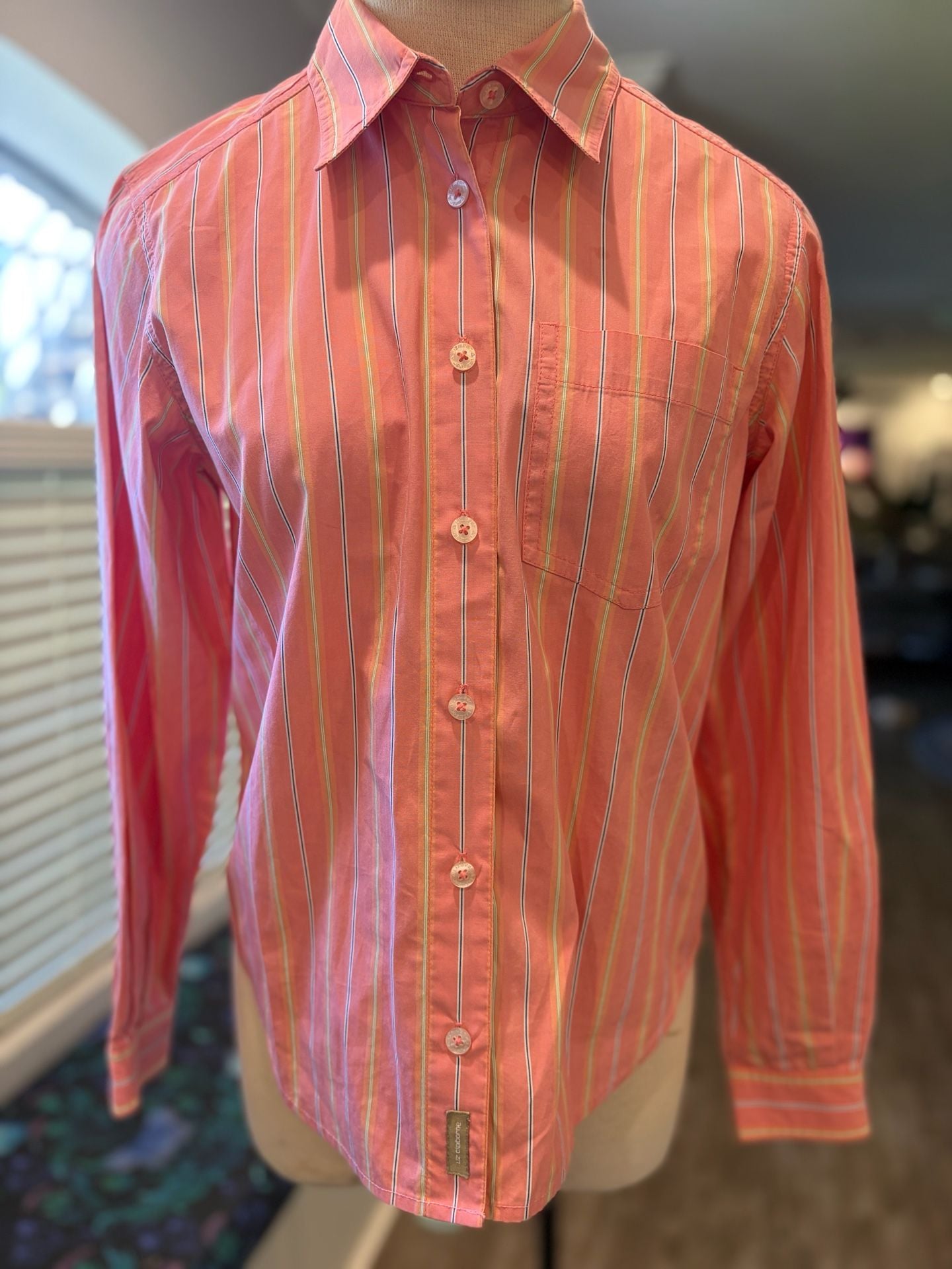 062-Liz Claiborne Long Sleeve Button Down Shirt Pink Striped Blouse small Petite 8