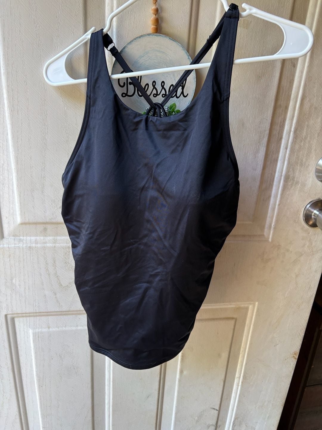 Lands' End Tankini Top Size 14 Black High Neck Strappy Back Swimwear 1