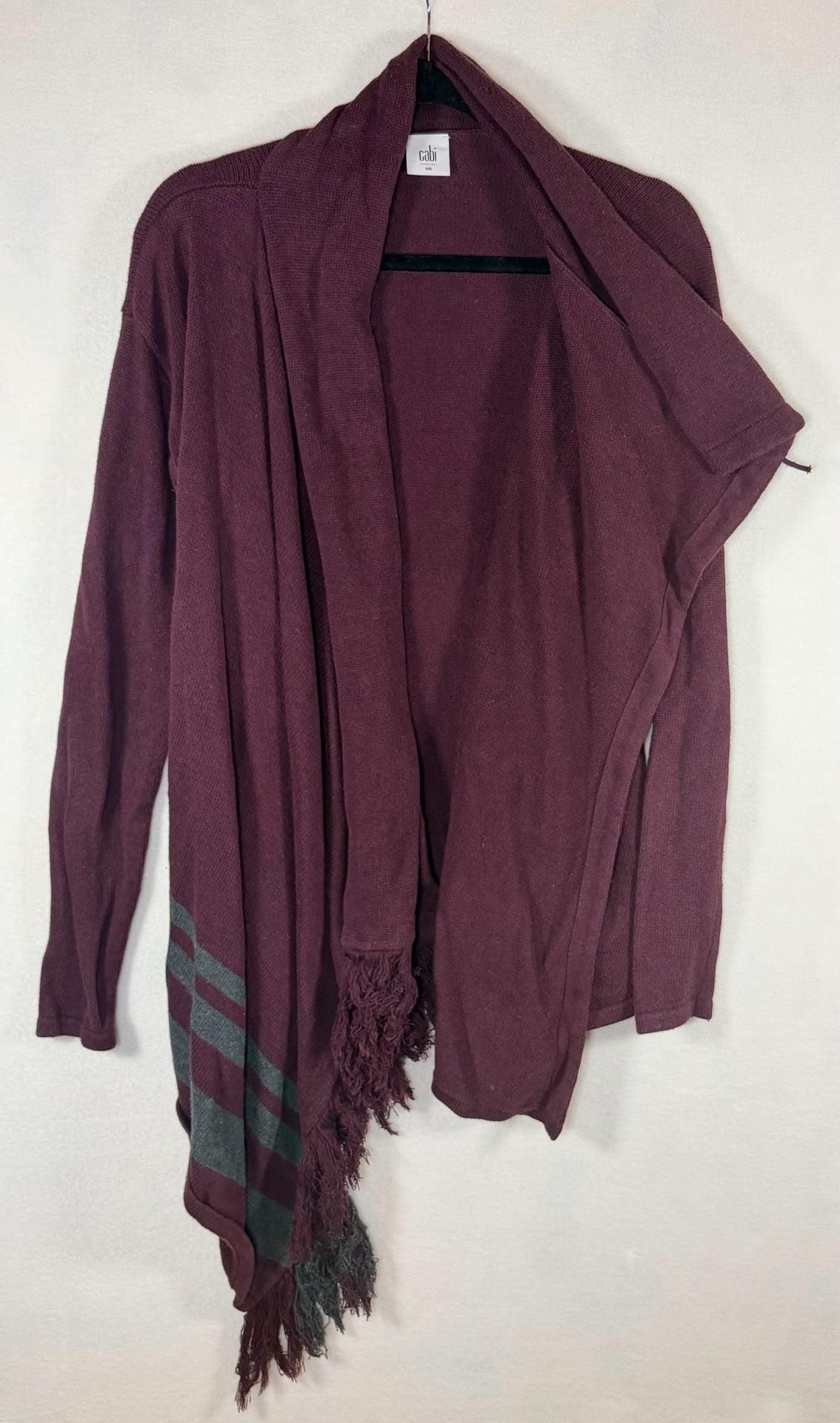 Cabi Fringe Wrap Cardigan Striped Shawl Sweater Port Wine Women’s Small 1