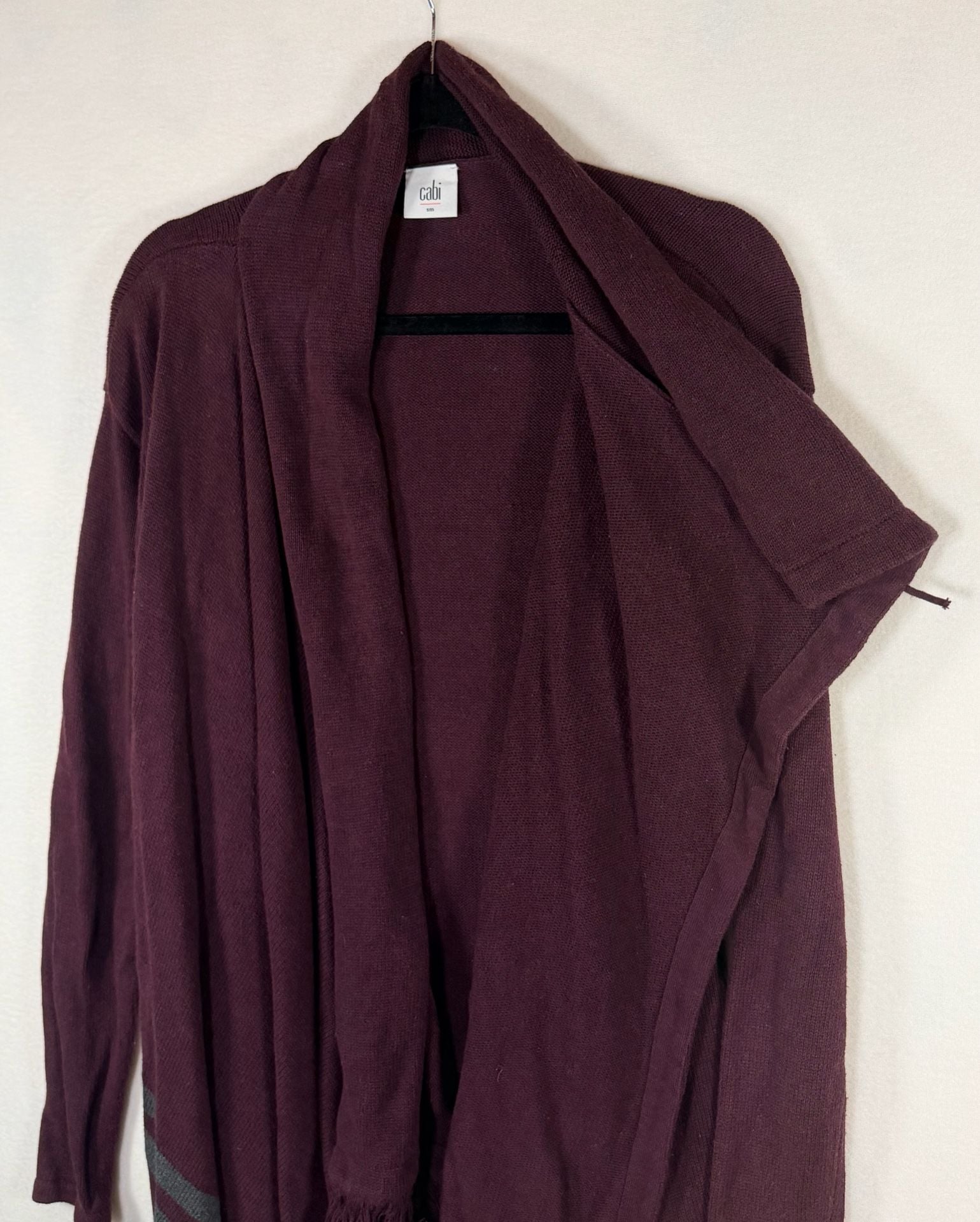 Cabi Fringe Wrap Cardigan Striped Shawl Sweater Port Wine Women’s Small 2