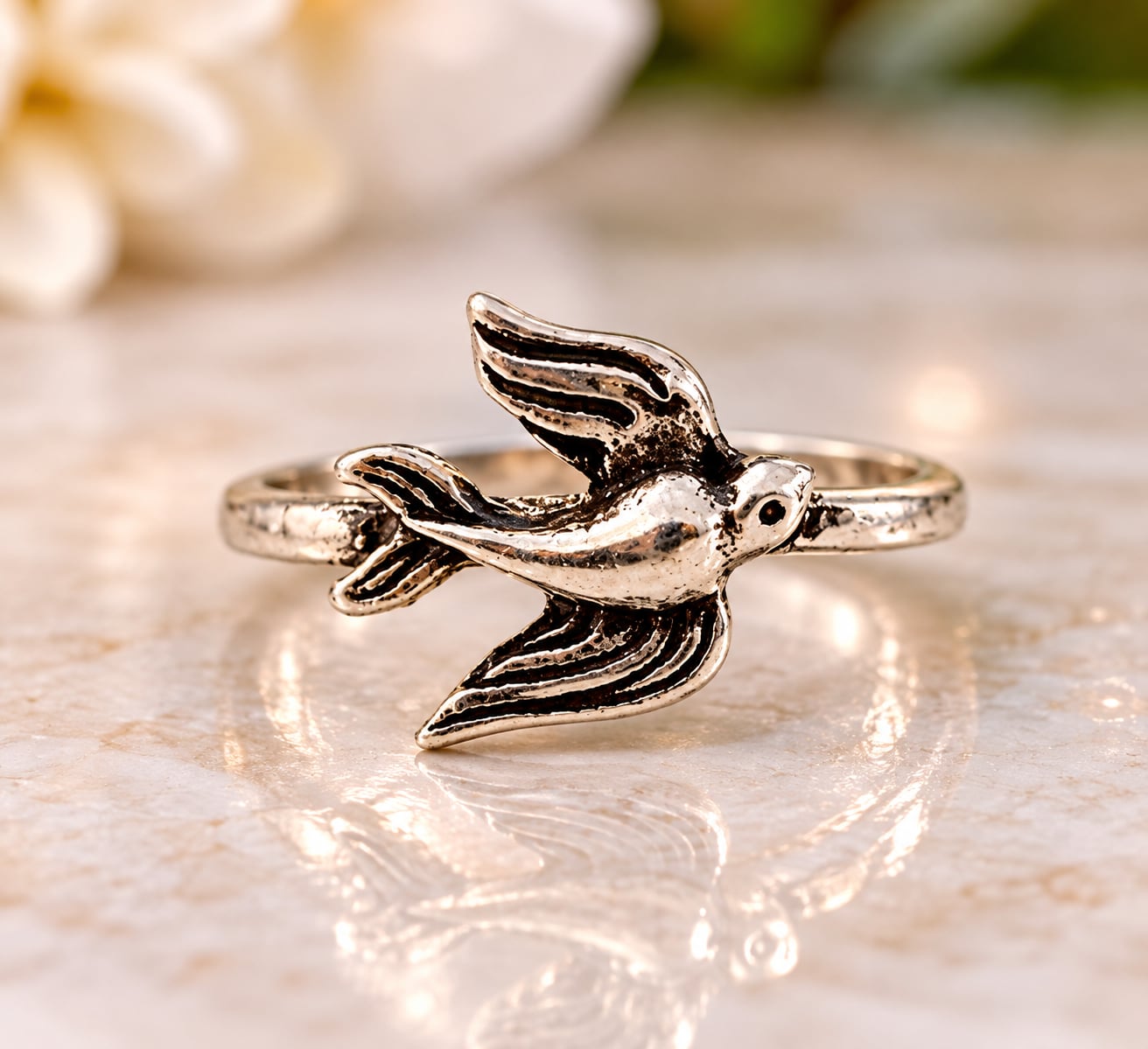 Oxidized Silver Flying Sparrow Bird Ring Band Ring Size 7 2