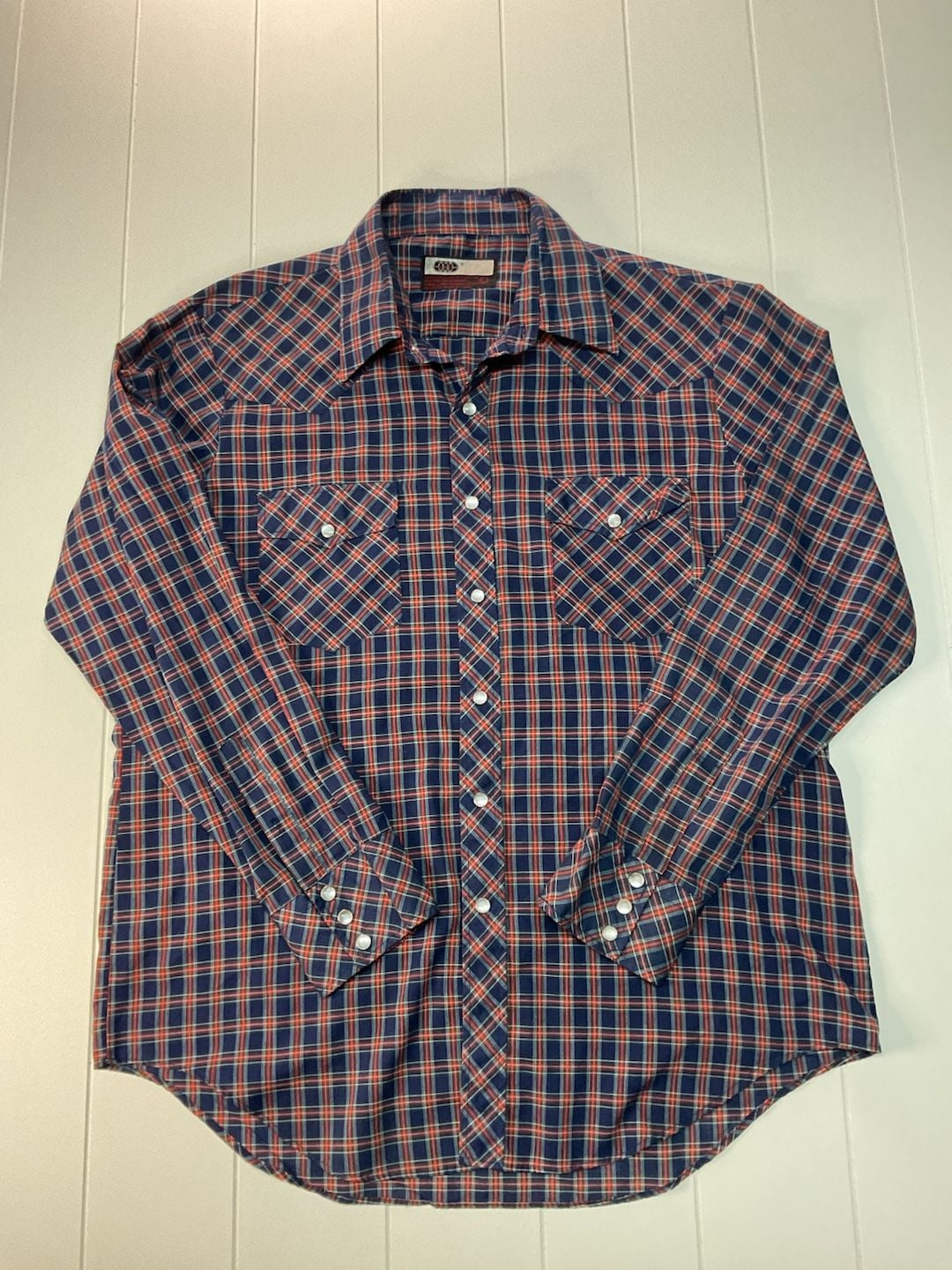 VIP Vintage Western Pearl Snap Plaid Shirt Size L Blue Red Cowboy Long Sleeve 2