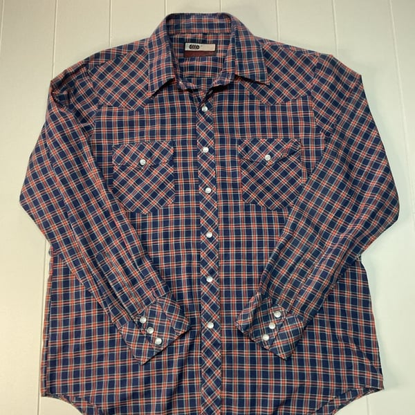 VIP Vintage Western Pearl Snap Plaid Shirt Size L Blue Red Cowboy Long Sleeve