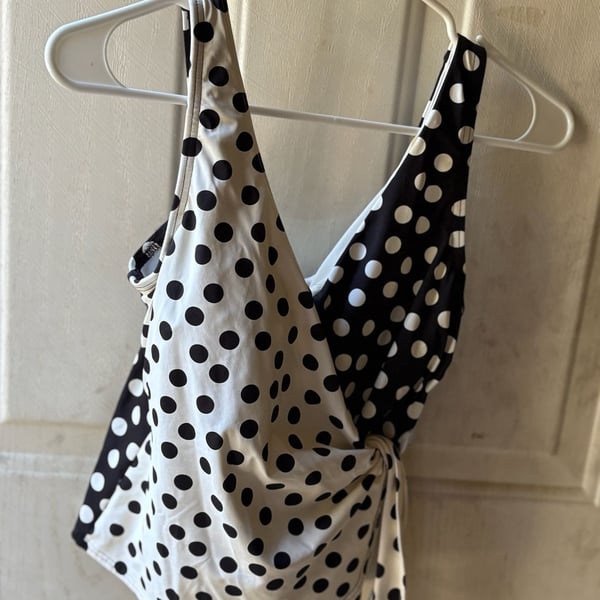 Lands' End Women's D-Cup Side Tie Tankini Top - 14 - Black/Egret Mixed Tossed Dots :