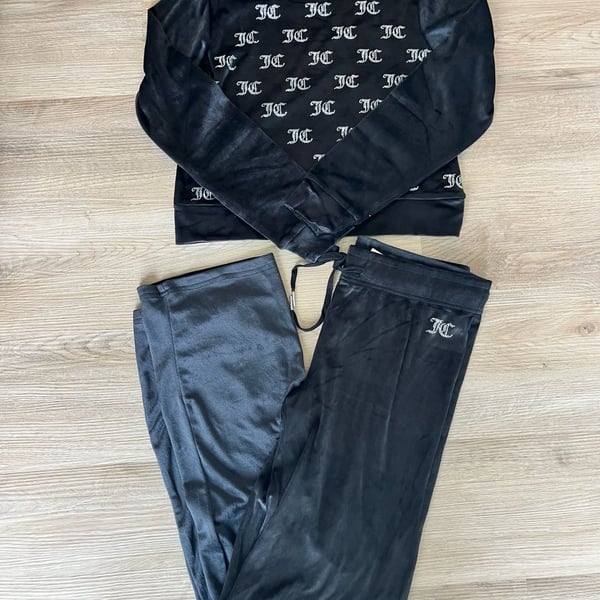 Juicy Couture, Y2K Black Velour Sleepwear Lounge Set Rhinestone JC Monogram, S