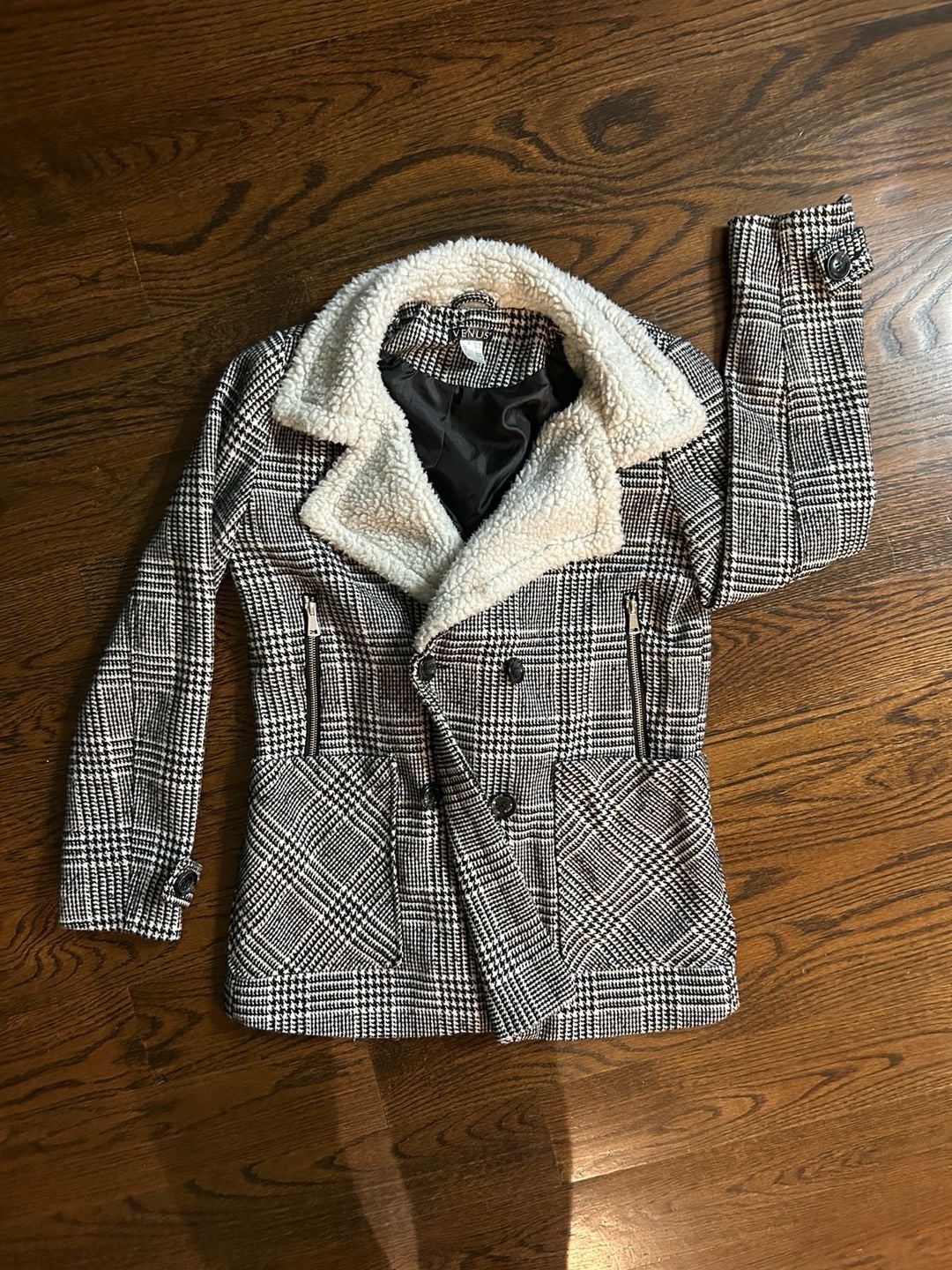 Venus Plaid Pea Coat Size S Sherpa Collar 2
